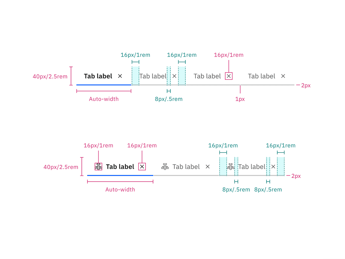 Structure and spacing measurements for dismissible line tabs without icons (top) and with icons (bottom).